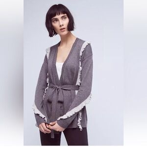 NWT Anthropologie Sparrow gray ruffled belted open front cardigan sweater